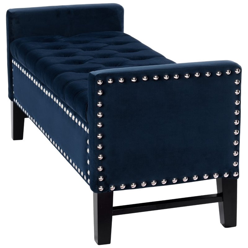 Maklaine Tufted Velvet Storage Bench with Nailhead Trim in Navy Blue