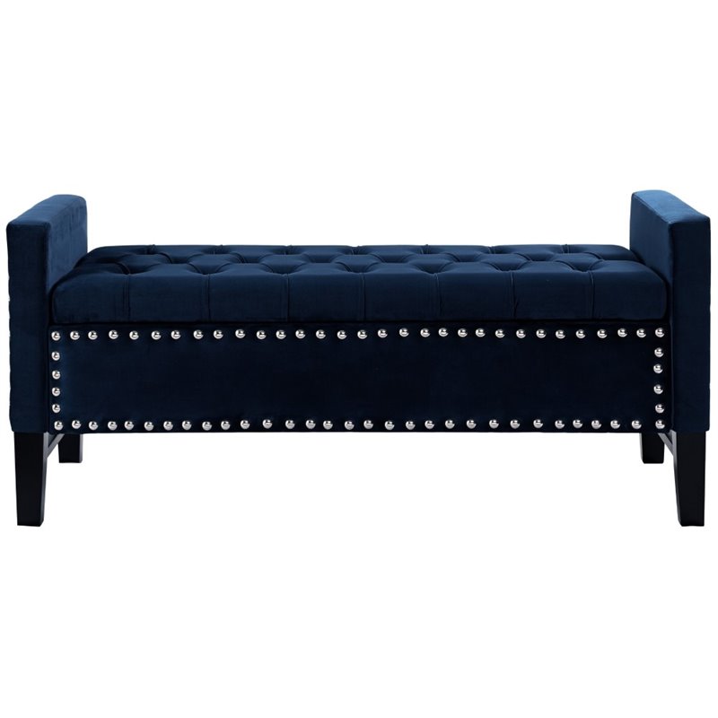 Maklaine Tufted Velvet Storage Bench with Nailhead Trim in Navy Blue