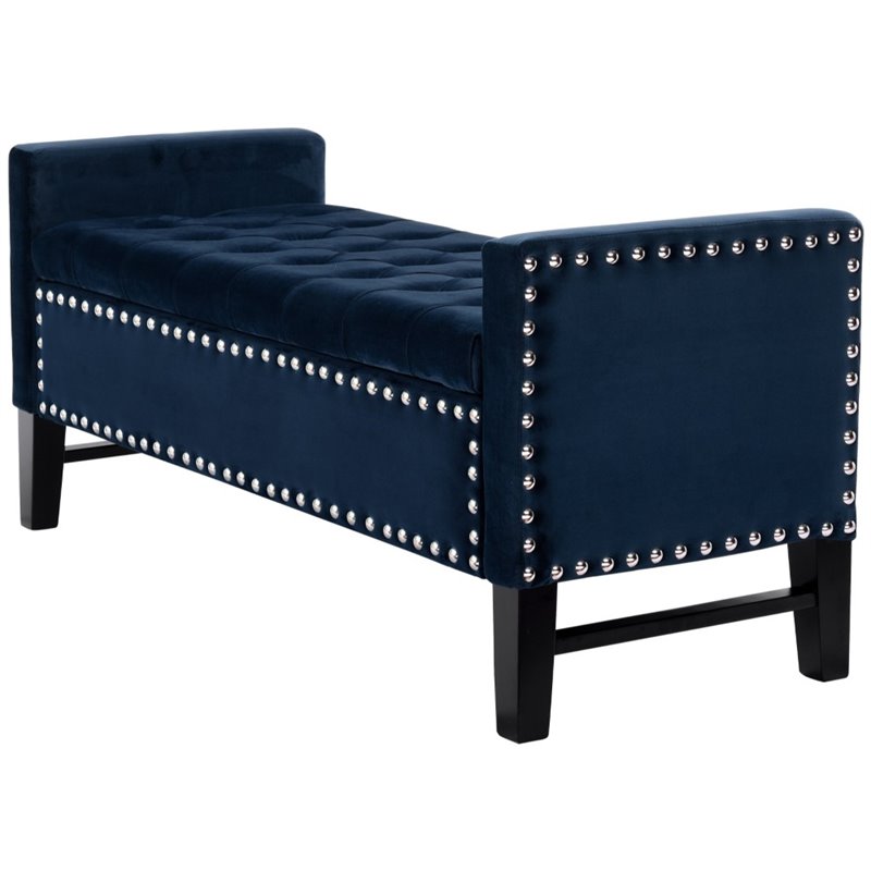 Maklaine Tufted Velvet Storage Bench with Nailhead Trim in Navy Blue