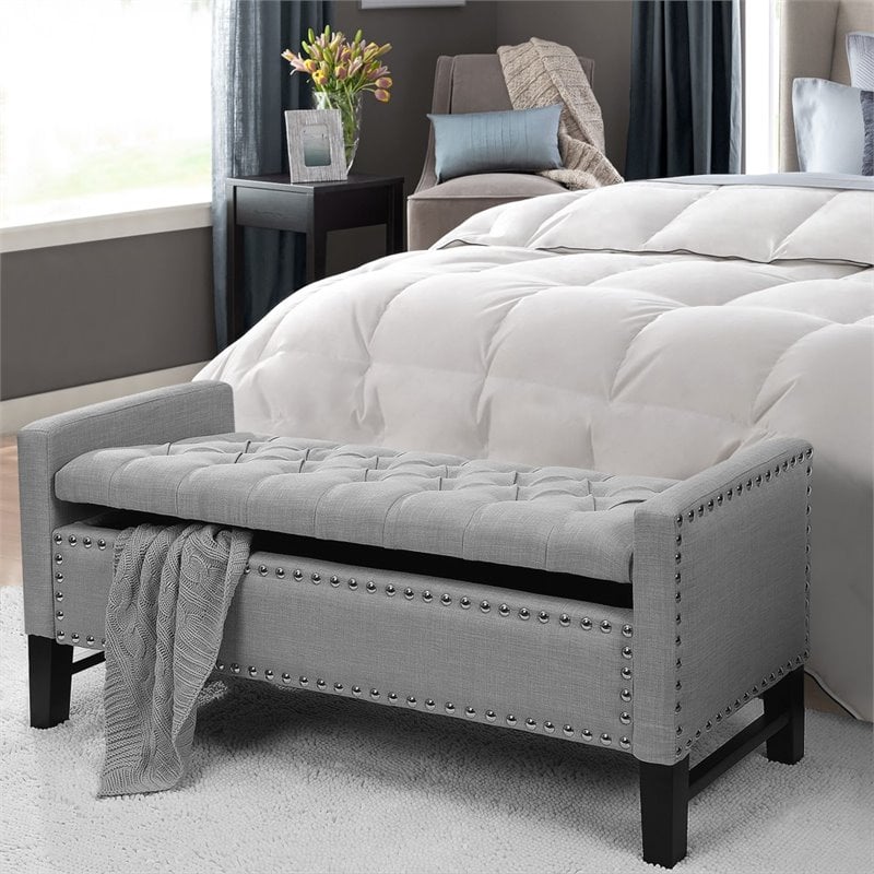Maklaine Linen Fabric Storage Bench with Nailhead Trim in Light Gray