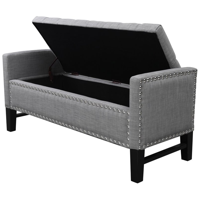 Maklaine Linen Fabric Storage Bench with Nailhead Trim in Light Gray