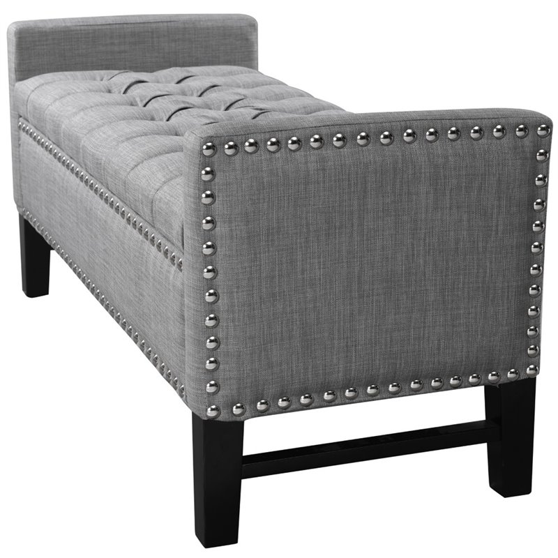 Maklaine Linen Fabric Storage Bench with Nailhead Trim in Light Gray