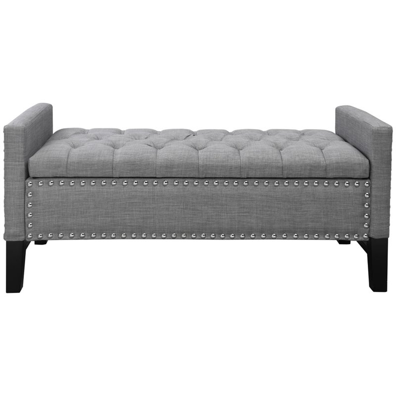 Maklaine Linen Fabric Storage Bench with Nailhead Trim in Light Gray