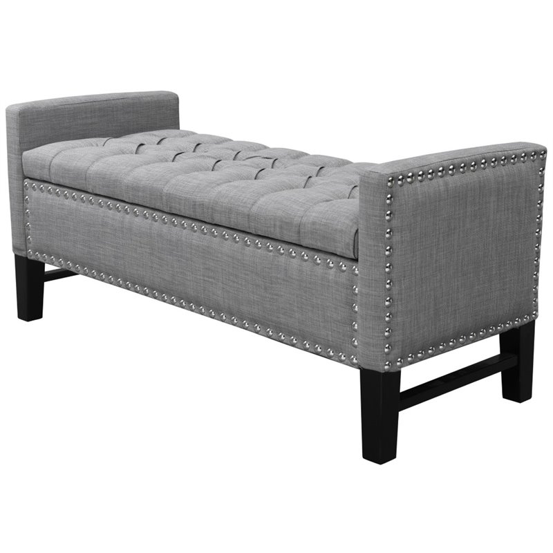 Maklaine Linen Fabric Storage Bench with Nailhead Trim in Light Gray