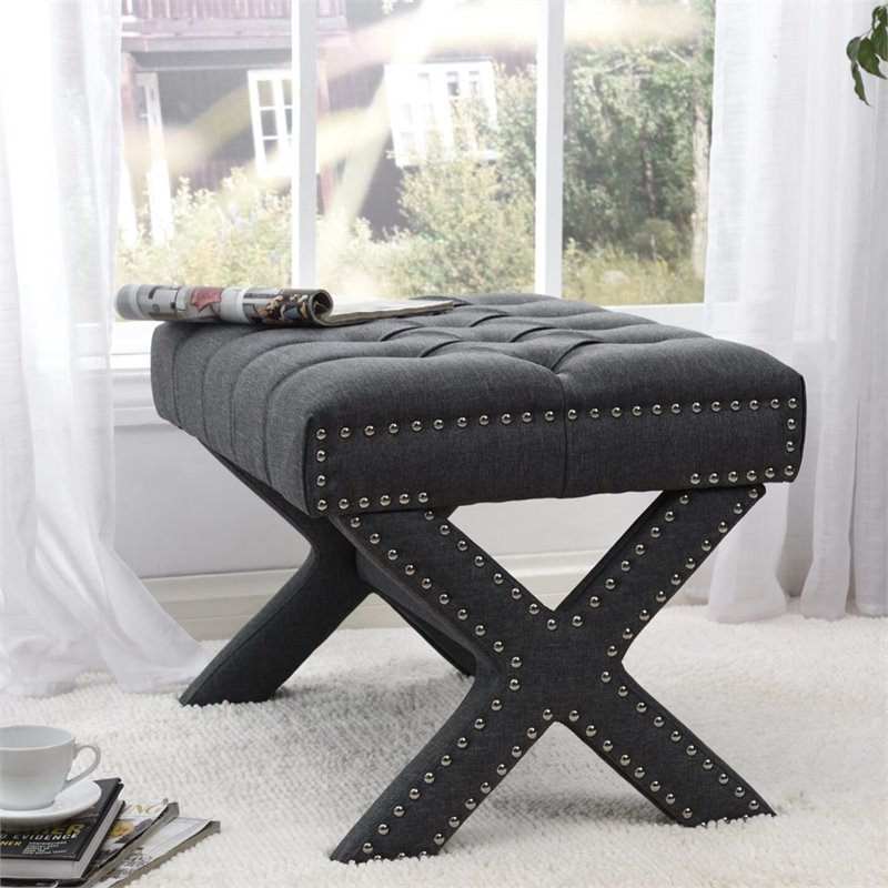 Maklaine Linen Fabric X-Base Ottoman with Nailhead Trim in Dark Gray
