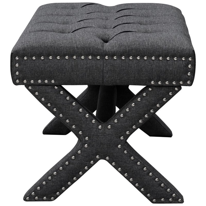 Maklaine Linen Fabric X-Base Ottoman with Nailhead Trim in Dark Gray