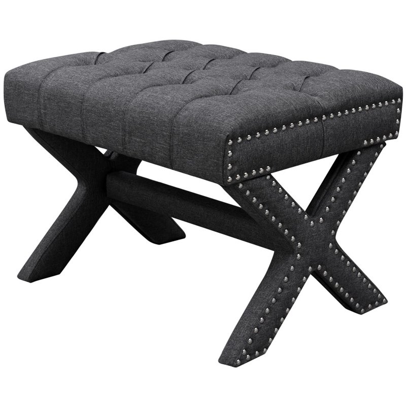 Maklaine Linen Fabric X-Base Ottoman with Nailhead Trim in Dark Gray