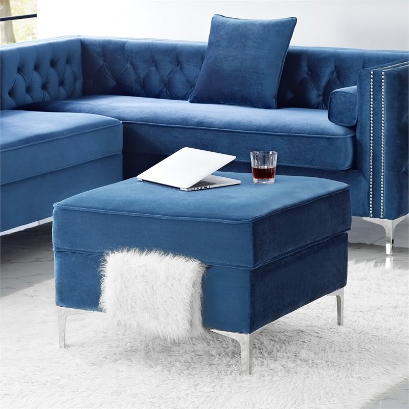 Maklaine Tufted Velvet Storage Ottoman with Chrome Legs in Navy Blue