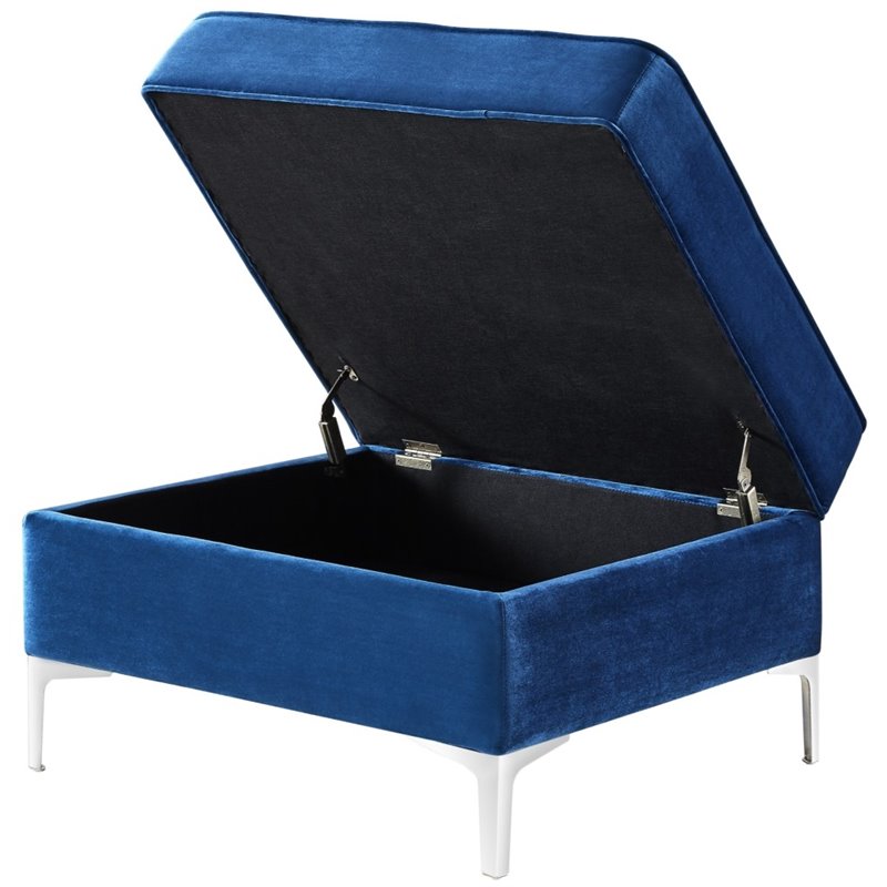 Maklaine Tufted Velvet Storage Ottoman with Chrome Legs in Navy Blue