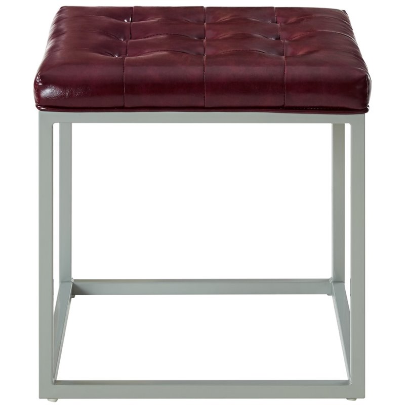 Maklaine Tufted Faux Leather Cube Ottoman with Metal Frame in Purple