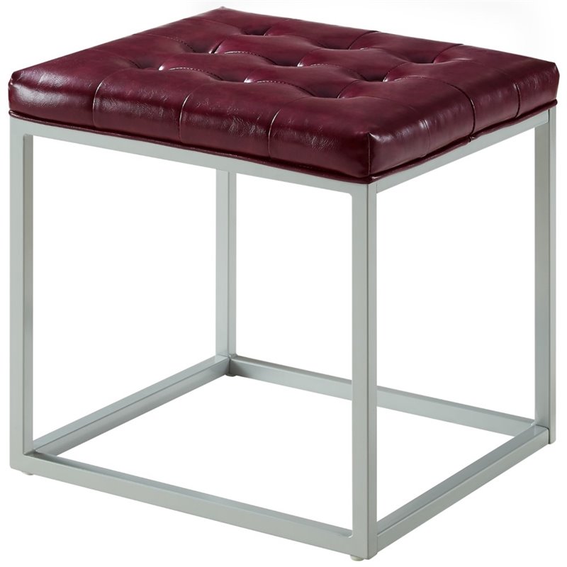 Maklaine Tufted Faux Leather Cube Ottoman with Metal Frame in Purple