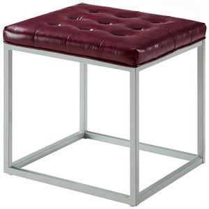 Maklaine Tufted Faux Leather Cube Ottoman with Metal Frame in Purple