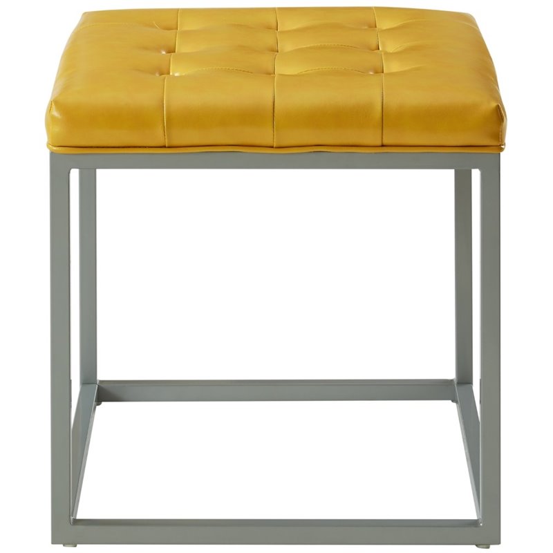 Maklaine Tufted Faux Leather Cube Ottoman with Metal Frame in Yellow