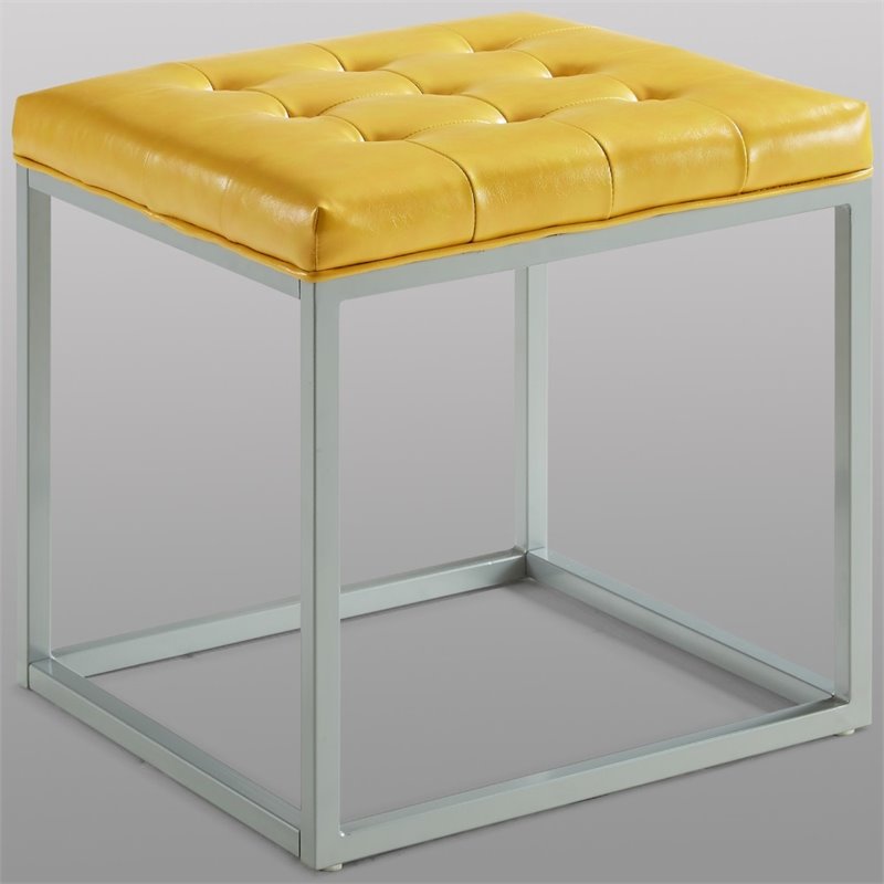 Maklaine Tufted Faux Leather Cube Ottoman with Metal Frame in Yellow