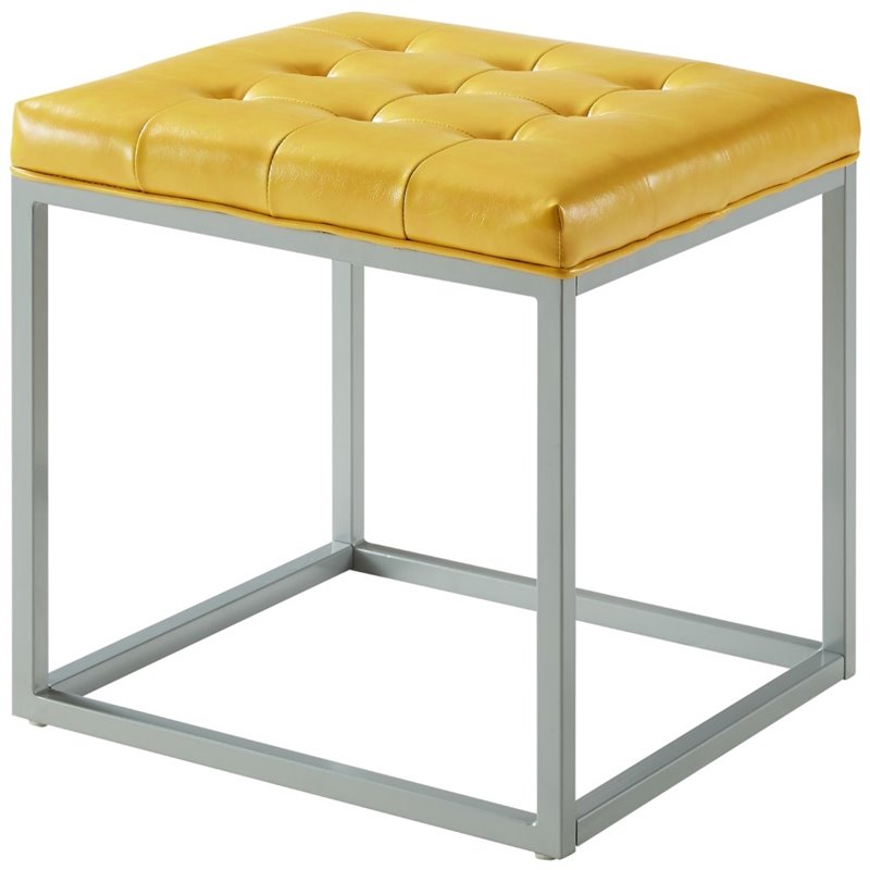 Maklaine Tufted Faux Leather Cube Ottoman with Metal Frame in Yellow