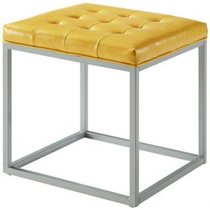 Maklaine Tufted Faux Leather Cube Ottoman with Metal Frame in Yellow
