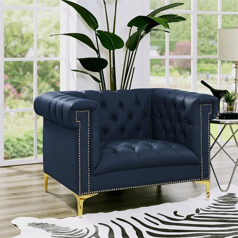 Maklaine Button Tufted Leather Chesterfield Accent Chair - Blue/Gold