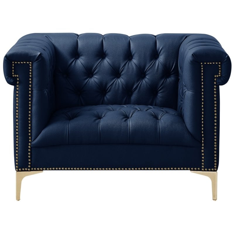 Maklaine Button Tufted Leather Chesterfield Accent Chair - Blue/Gold