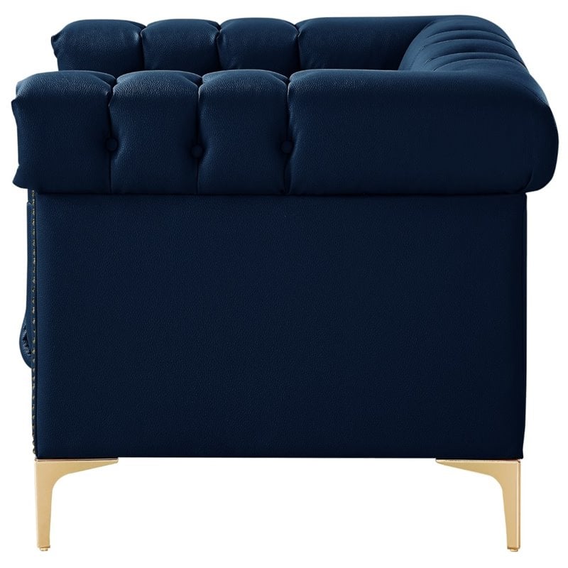 Maklaine Button Tufted Leather Chesterfield Accent Chair - Blue/Gold