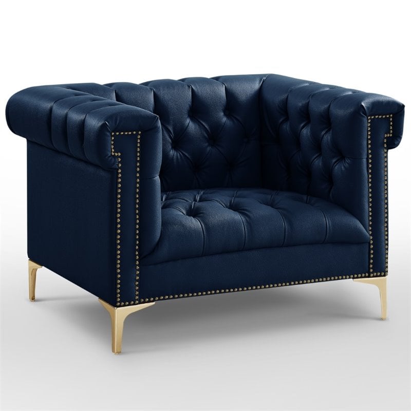 Maklaine Button Tufted Leather Chesterfield Accent Chair - Blue/Gold
