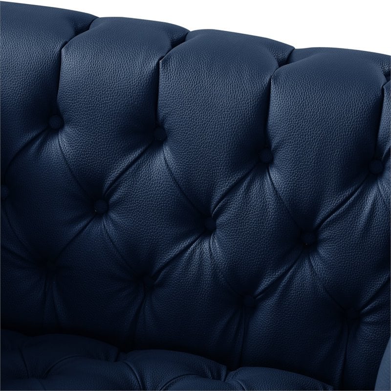 Maklaine Button Tufted Leather Chesterfield Accent Chair - Blue/Gold