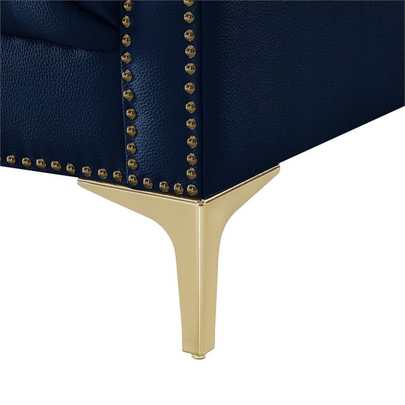 Maklaine Button Tufted Leather Chesterfield Accent Chair - Blue/Gold