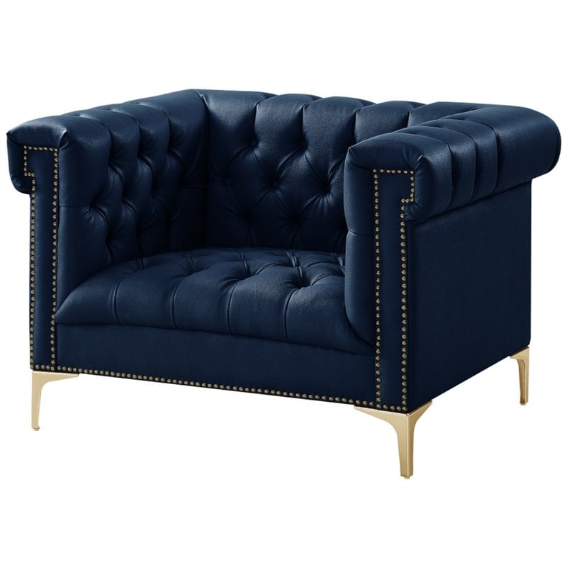 Maklaine Button Tufted Leather Chesterfield Accent Chair - Blue/Gold