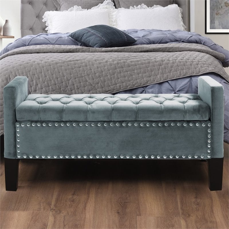 Maklaine Tufted Velvet Storage Bench with Nailhead Trim in Slate Blue