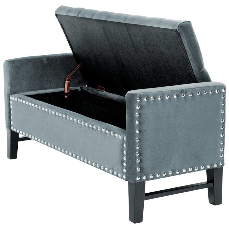 Maklaine Tufted Velvet Storage Bench with Nailhead Trim in Slate Blue