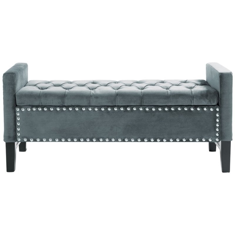 Maklaine Tufted Velvet Storage Bench with Nailhead Trim in Slate Blue