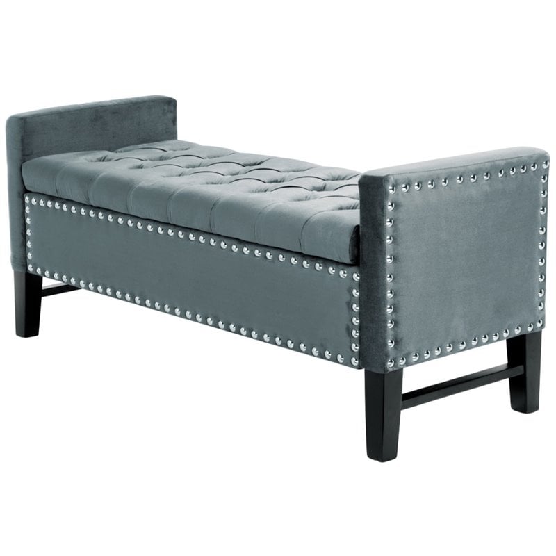 Maklaine Tufted Velvet Storage Bench with Nailhead Trim in Slate Blue