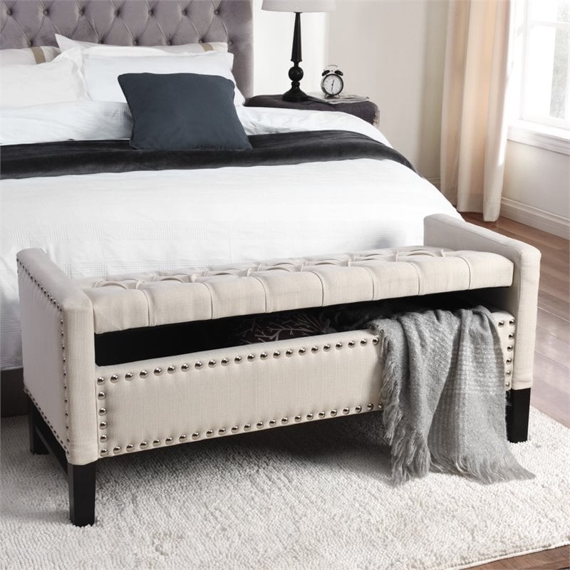 Maklaine Linen Fabric Storage Bench with Nailhead Trim in Cream/White
