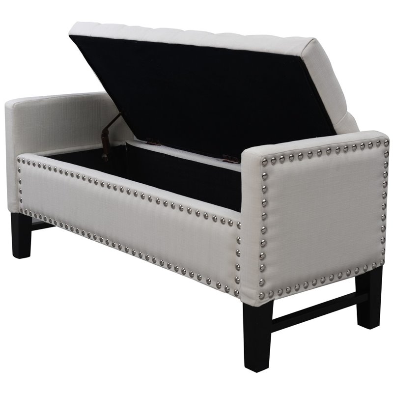Maklaine Linen Fabric Storage Bench with Nailhead Trim in Cream/White