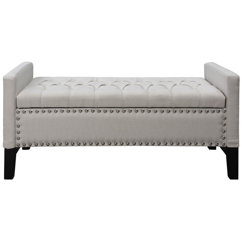 Maklaine Linen Fabric Storage Bench with Nailhead Trim in Cream/White