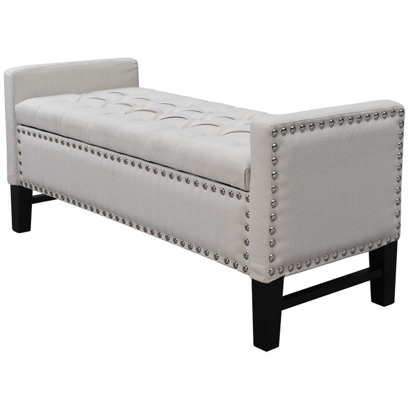 Maklaine Linen Fabric Storage Bench with Nailhead Trim in Cream/White