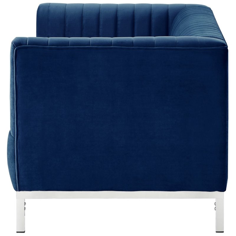 Maklaine Velvet Tuxedo Loveseat with Y-Metal Base in Navy Blue/Chrome