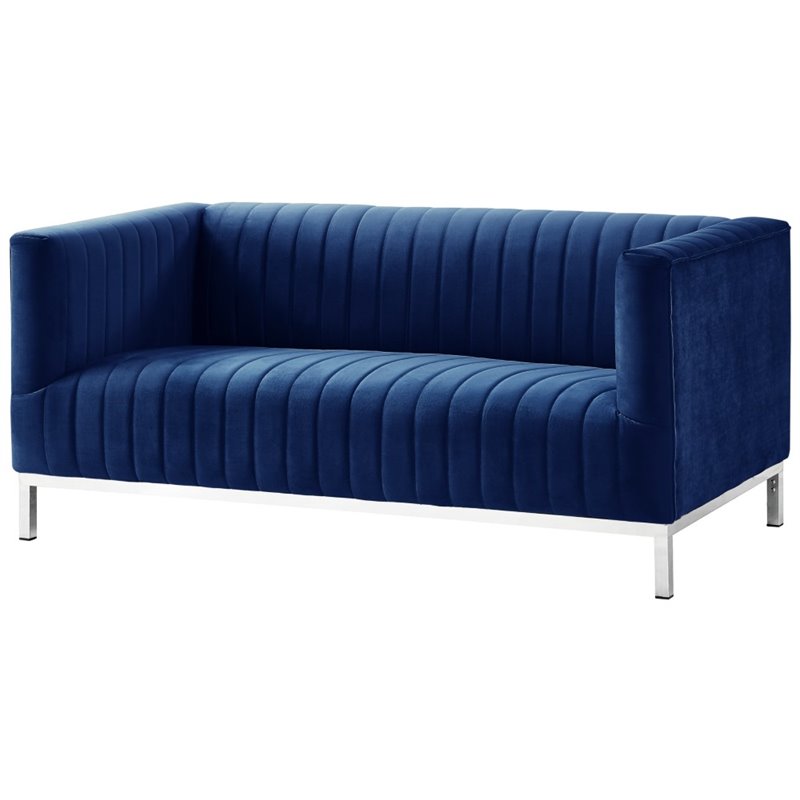 Maklaine Velvet Tuxedo Loveseat with Y-Metal Base in Navy Blue/Chrome
