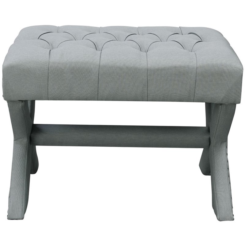 Maklaine Linen Fabric X-Base Ottoman with Nailhead Trim in Light Gray