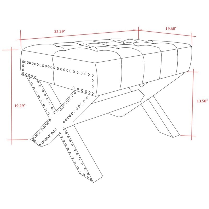 Maklaine Linen Fabric X-Base Ottoman with Nailhead Trim in Light Gray