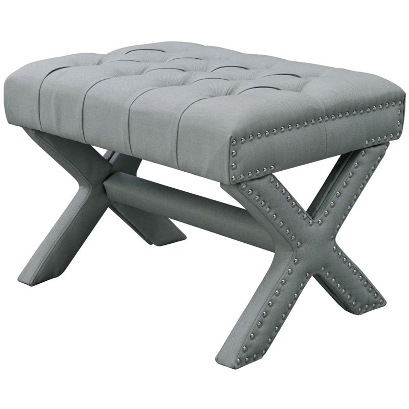 Maklaine Linen Fabric X-Base Ottoman with Nailhead Trim in Light Gray