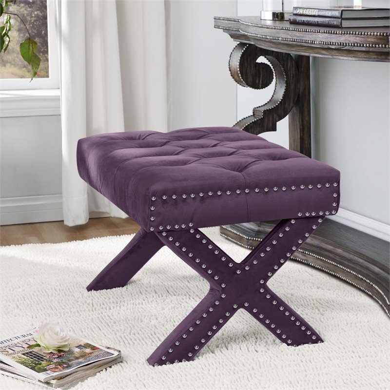Maklaine Velvet X-Base Ottoman with Nailhead Trim in Purple Finish
