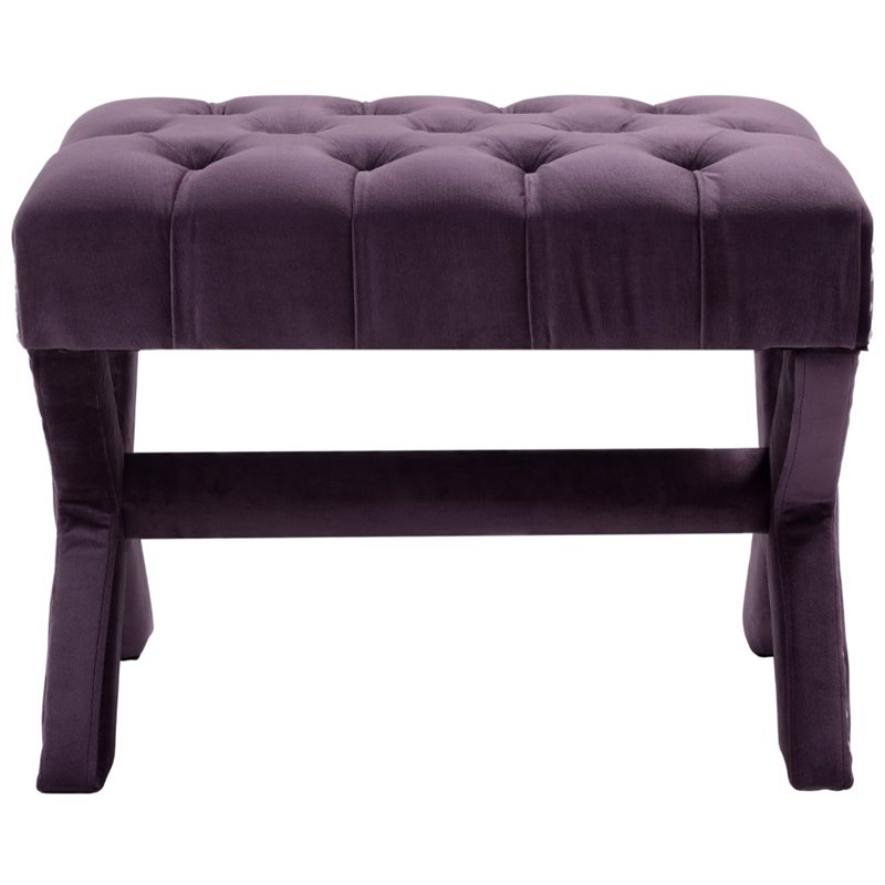 Maklaine Velvet X-Base Ottoman with Nailhead Trim in Purple Finish