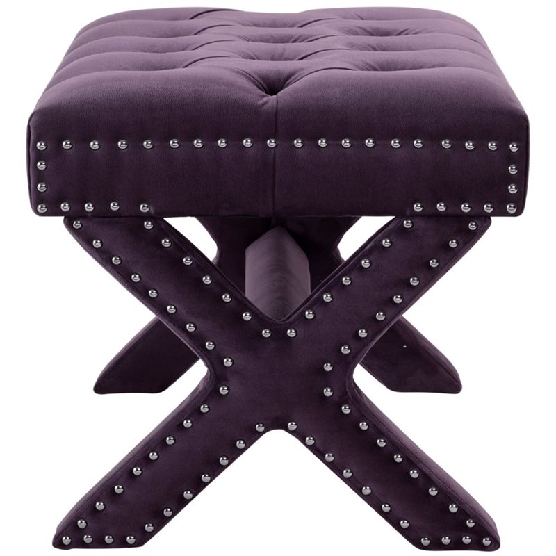 Maklaine Velvet X-Base Ottoman with Nailhead Trim in Purple Finish