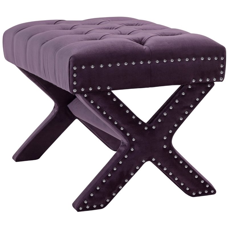 Maklaine Velvet X-Base Ottoman with Nailhead Trim in Purple Finish