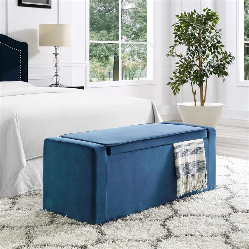 Maklaine Velvet Upholstered Bench with Shoe Storage in Blue Finish