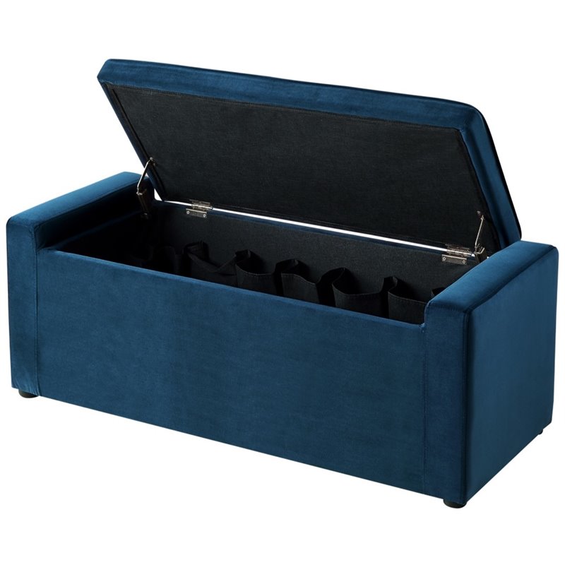 Maklaine Velvet Upholstered Bench with Shoe Storage in Blue Finish