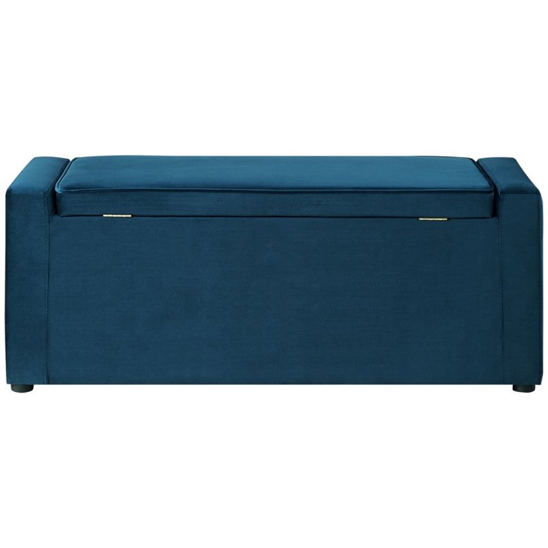 Maklaine Velvet Upholstered Bench with Shoe Storage in Blue Finish