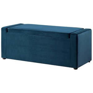 Maklaine Velvet Upholstered Bench with Shoe Storage in Blue Finish
