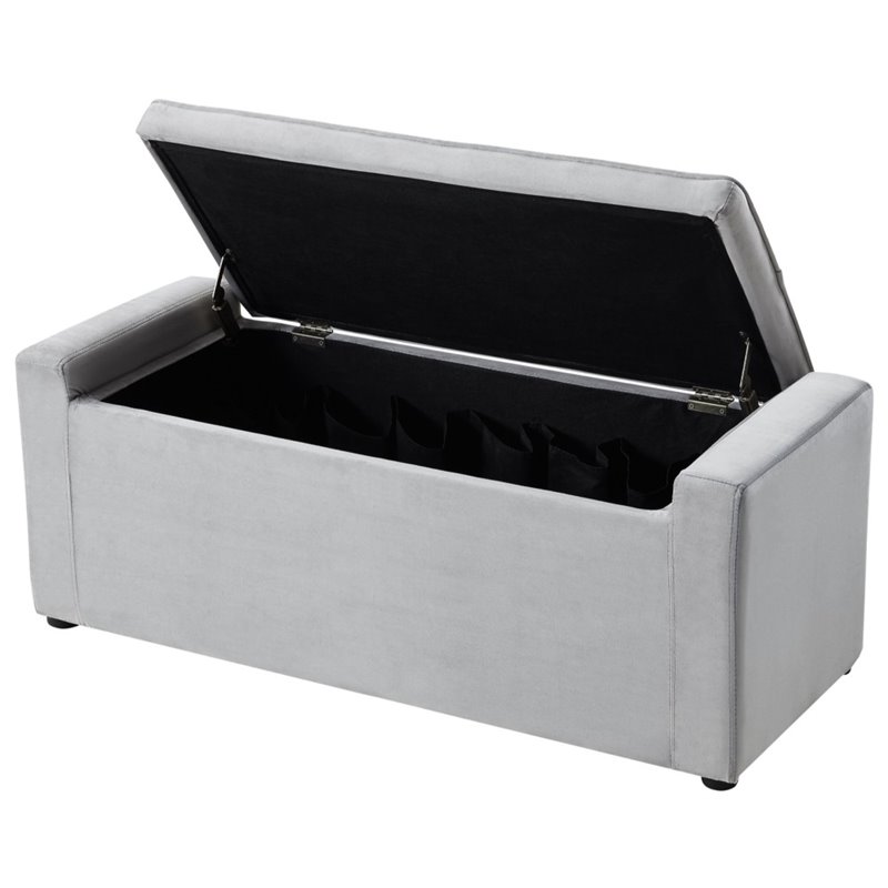 Maklaine Velvet Upholstered Bench with Shoe Storage in Gray Finish