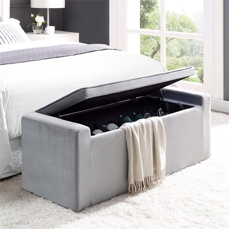 Maklaine Velvet Upholstered Bench with Shoe Storage in Gray Finish